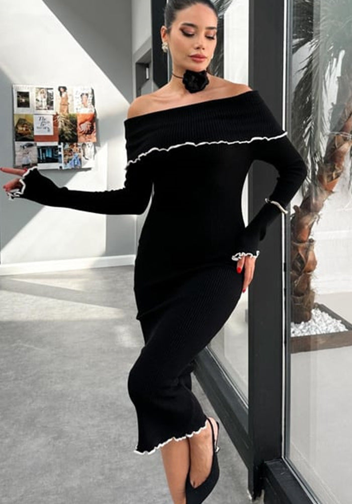 Women Fall and Winter Sexy Shawl Long Sleeve Ruffle Edge Dress