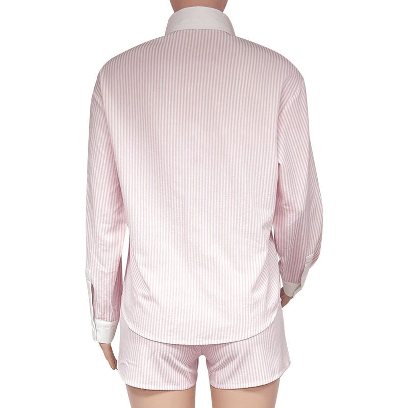 Summer Turndown Collar Long Sleeve Striped Shirt Elastic Waist Shorts Two-Piece Set 17