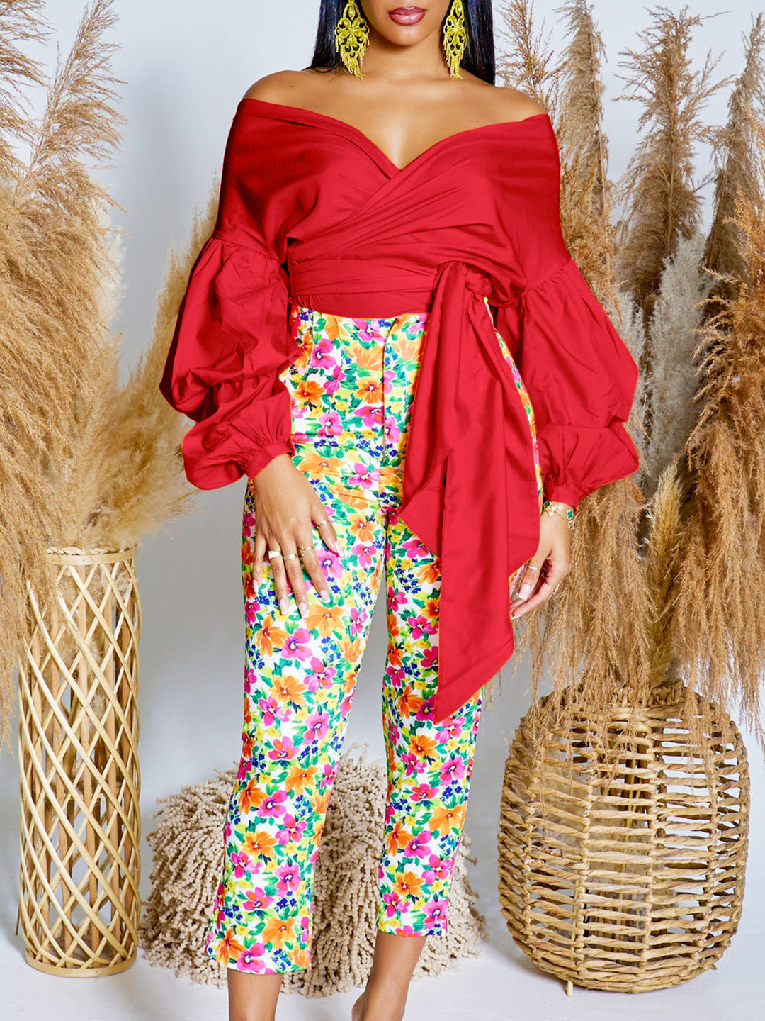 Summer Fashion Solid Color Off-Shoulder Cross Lace-Up Puff Sleeve Sexy V-Neck Shirt African Top 6