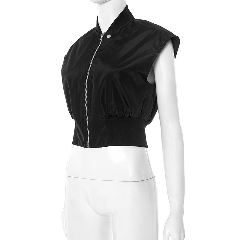 Women's Spring/Summer Stand Collar Button Zipper Slim Waist Solid Color Top 11