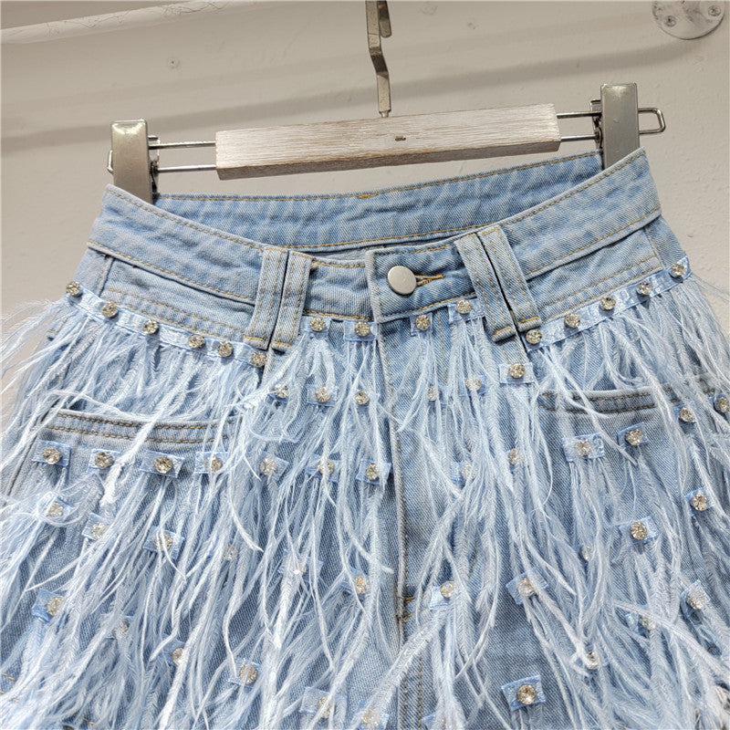 Women Summer Diamond Ostrich Feather Tassel Denim Shorts 7