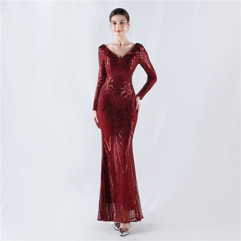 Women Positioning Flower Beaded Long Sleeve Evening Dress 18