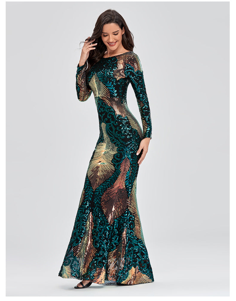 Plus Size Women Stretch Elegant Long Sleeve Round Neck Backless Sequined Mermaid Evening Gown 6