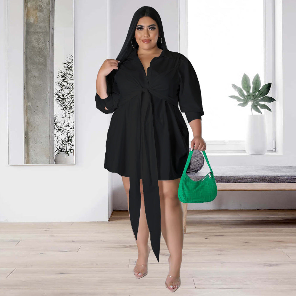 Plus Size Women Sexy Solid Tie Long Sleeve Shirt Dress 6