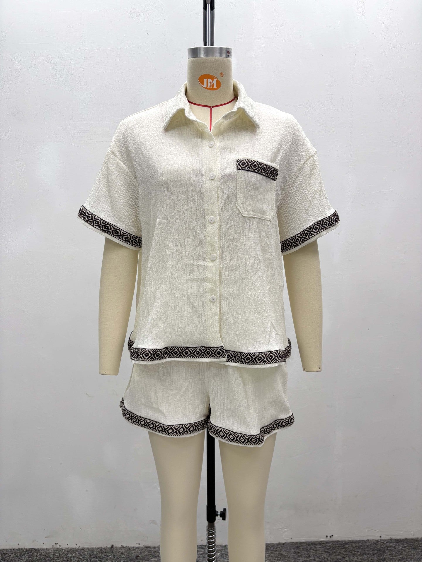 African Women's Summer Contrast Color Turndown Collar Short Sleeve Shirt & Shorts Casual Two-Piece Set 11