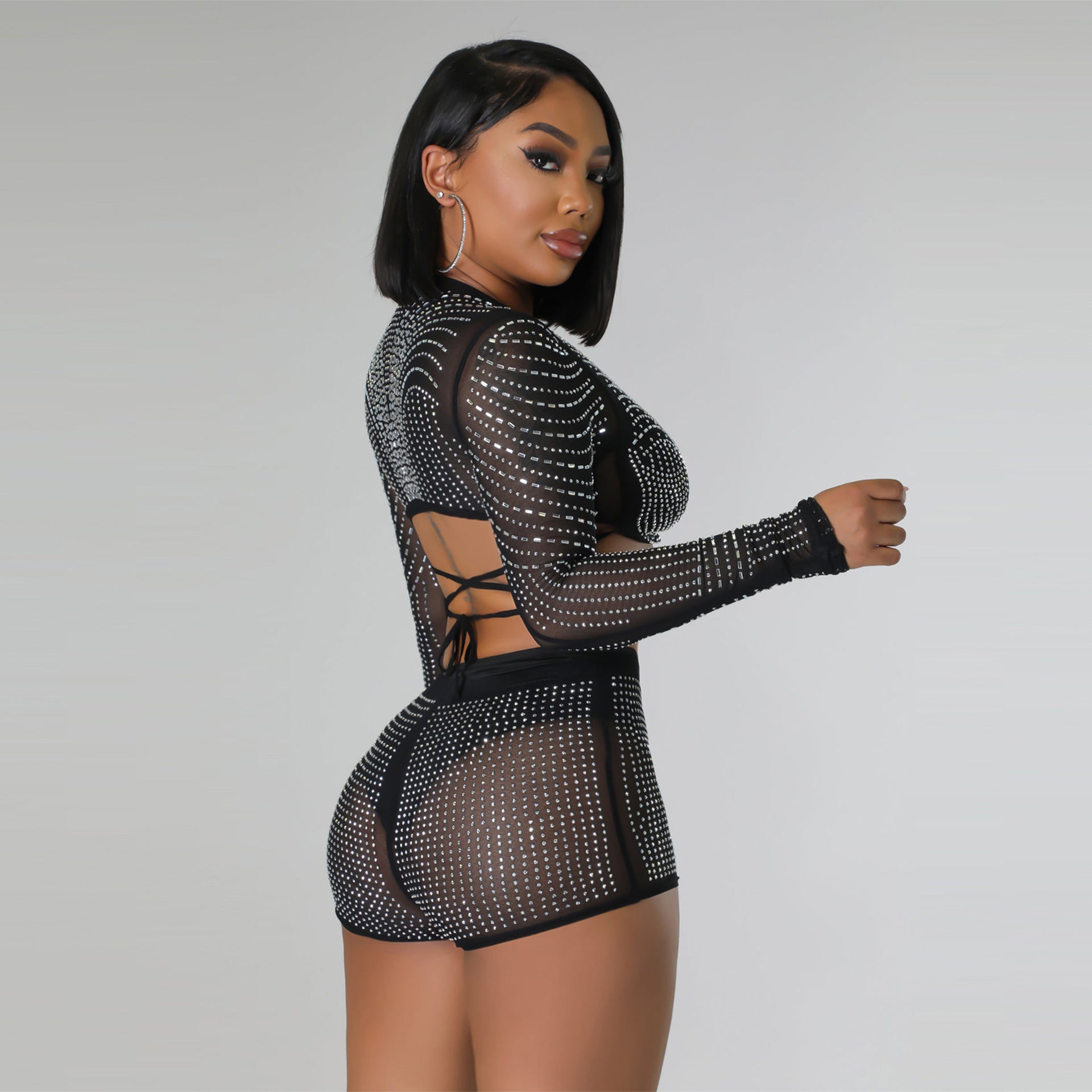 Women sexy long-sleeved Beaded See-Through Mesh Top and shorts two-piece set 4