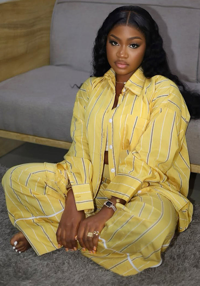 Plus size Women casual loose striped shirt pants Two Piece Set