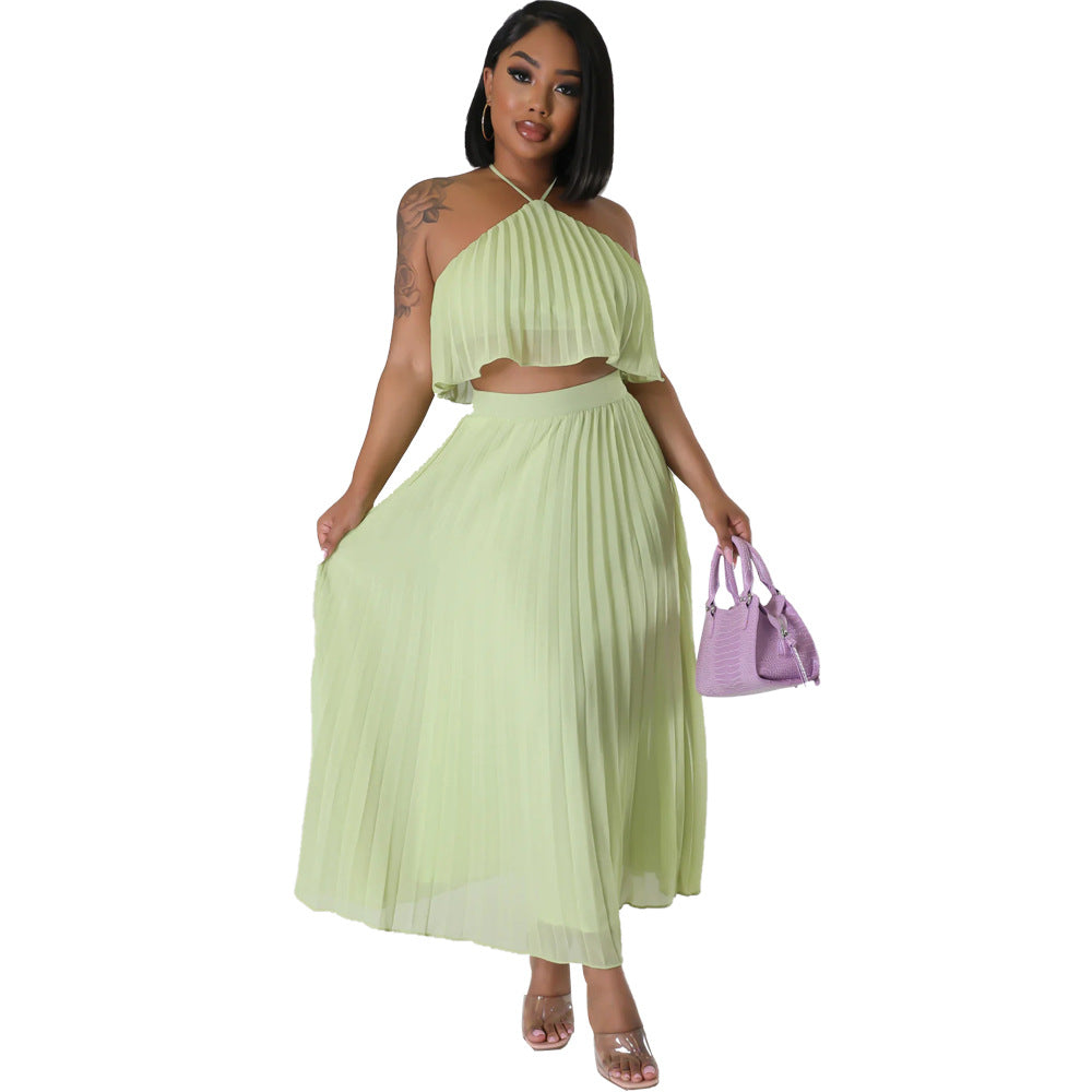 Sexy Low Back Halter Neck Tank Top Pleated Maxi Skirt Two-Piece Set