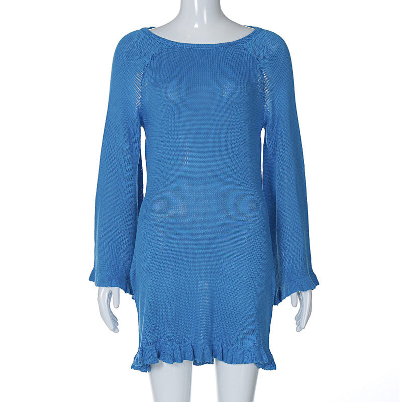 Winter Sexy Knitting Tie Low Back Bell Bottom Long Sleeve Solid Color Dress 9