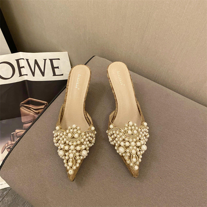 Fashion pointed pearl half drag stiletto sandals women's shoes mid-heel slippers 5