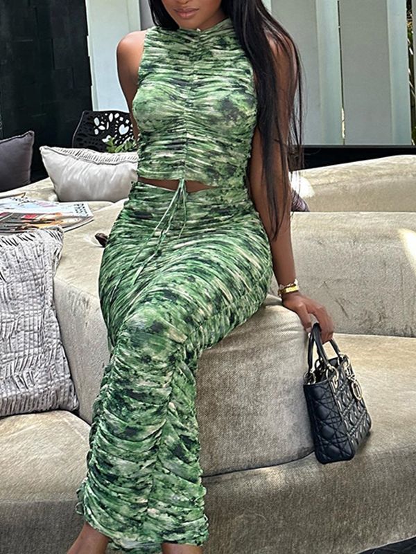 Printed Sleeveless Drawstring Top and Skirt Two-piece Set 4