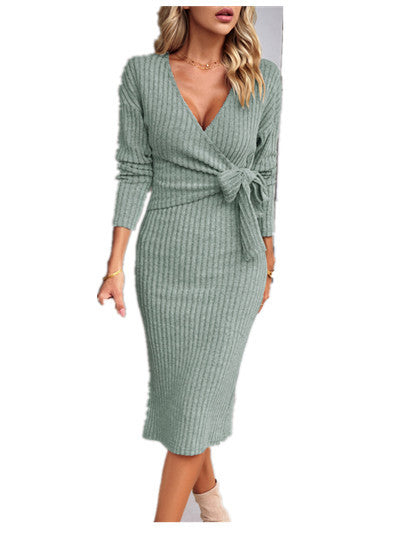 Women v-neck long sleeve knitting Lace-Up dress 9