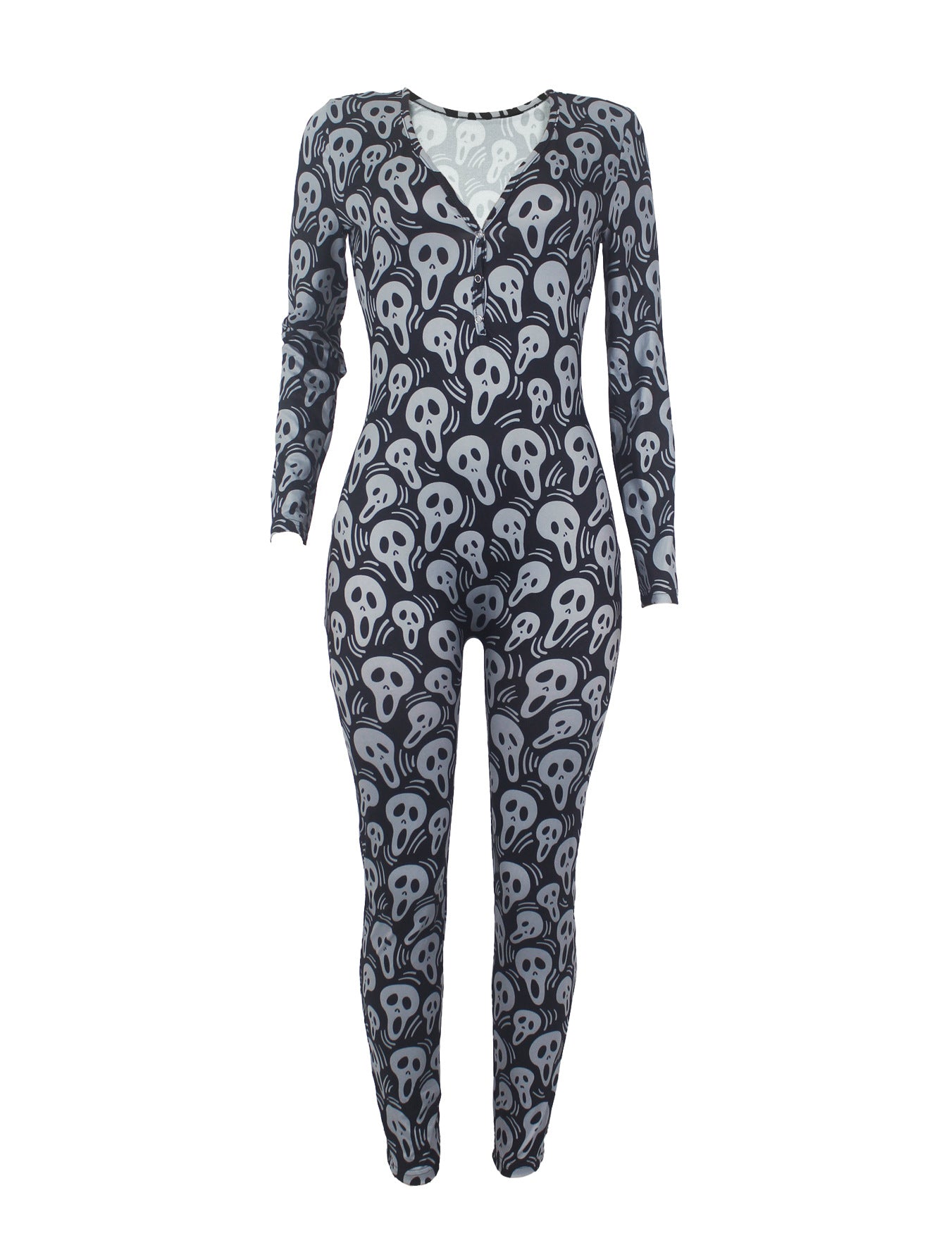 Women's Sexy Fashion Pattern Print Deep V-Neck Long Sleeve Tight Slim Jumpsuit 35