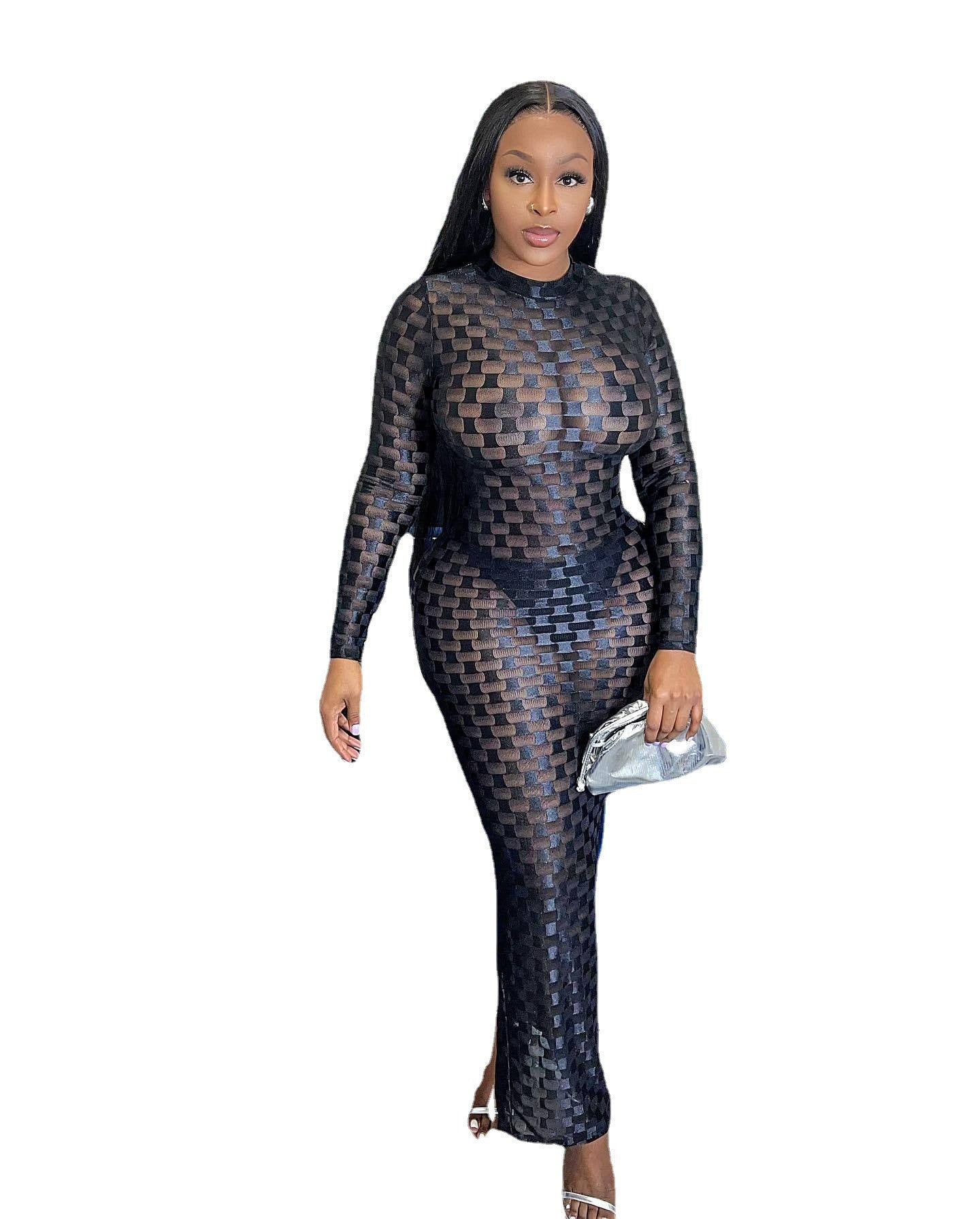 Women's Fashion Mesh Round Neck Slim Fit Long Dress 29