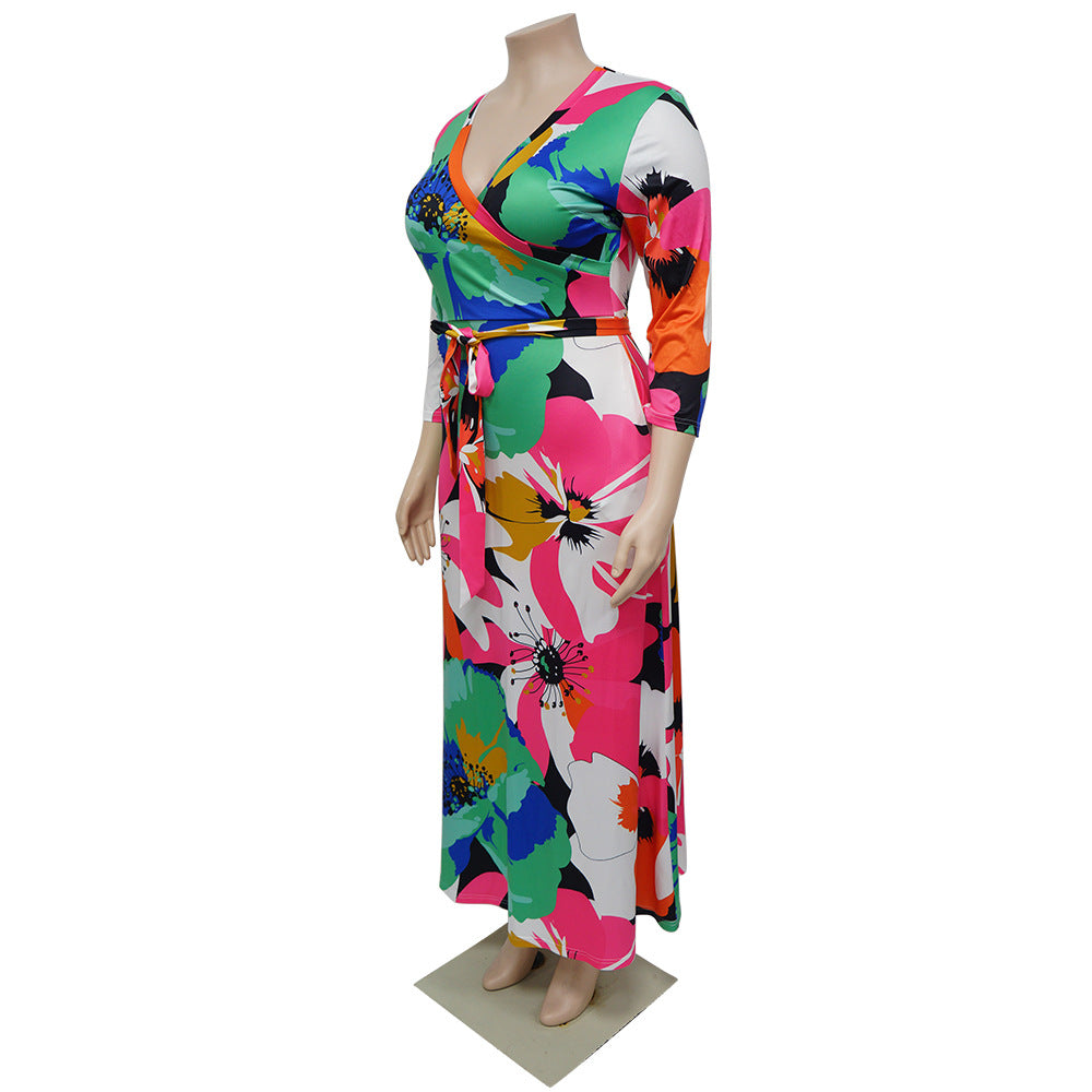 Plus Size Women Pocket Tie Printed Dress 11