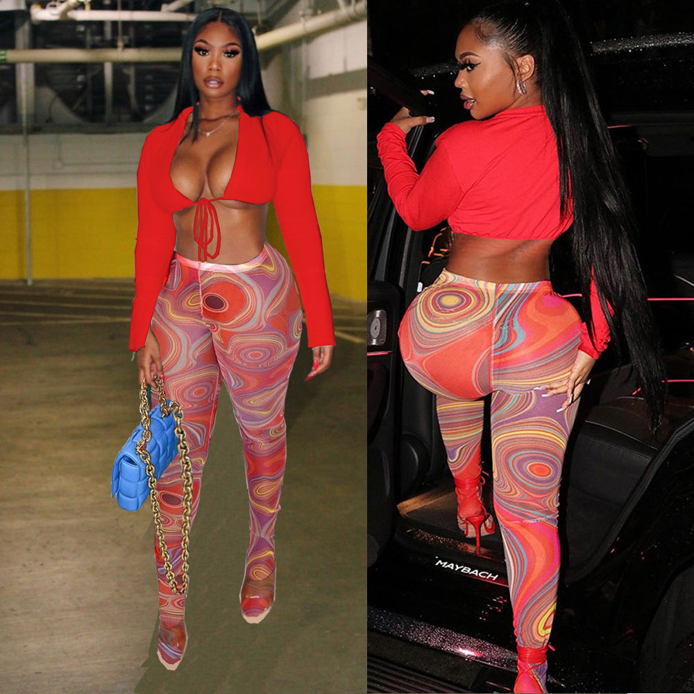 Sexy Solid Color Lace-Up Top Printed Tight slim pants two piece set 5