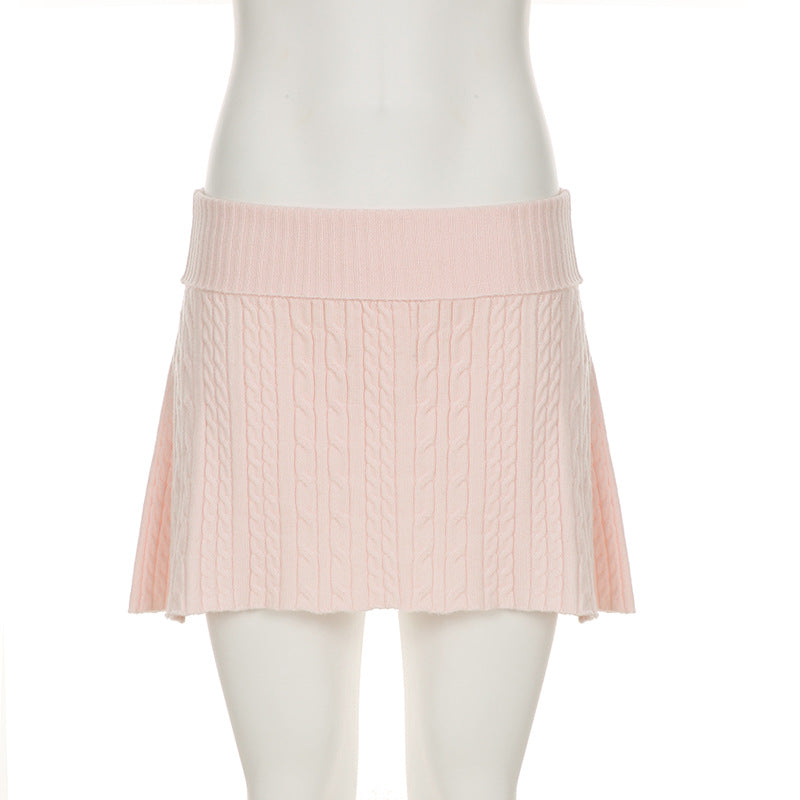 Spring Sweet Pink Turned Waist Elastic Woolen Mini Skirt 5
