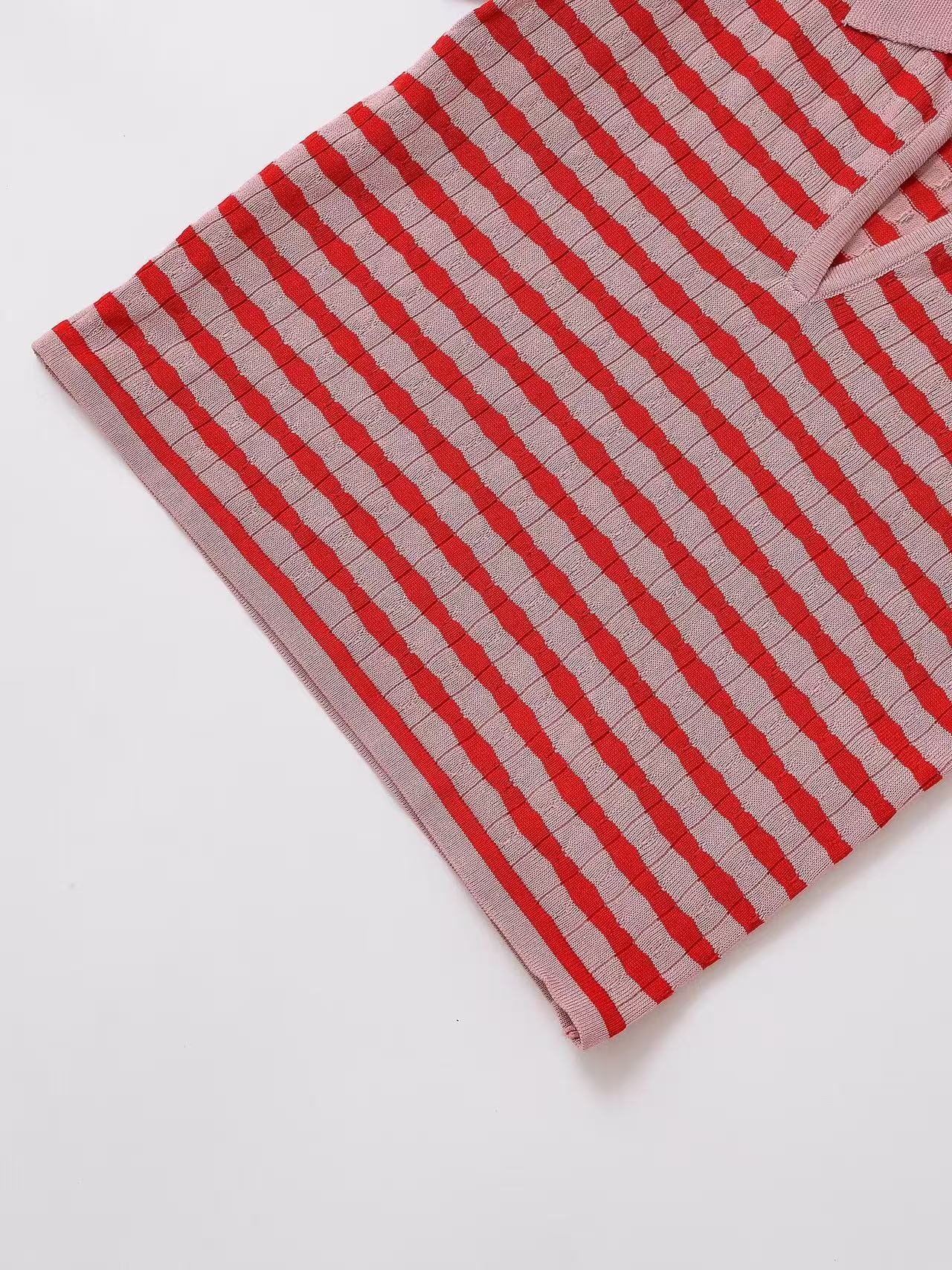 Fashion Turndown Collar Shirt & Striped Bell-Bottom Pants Summer Knit Set 24