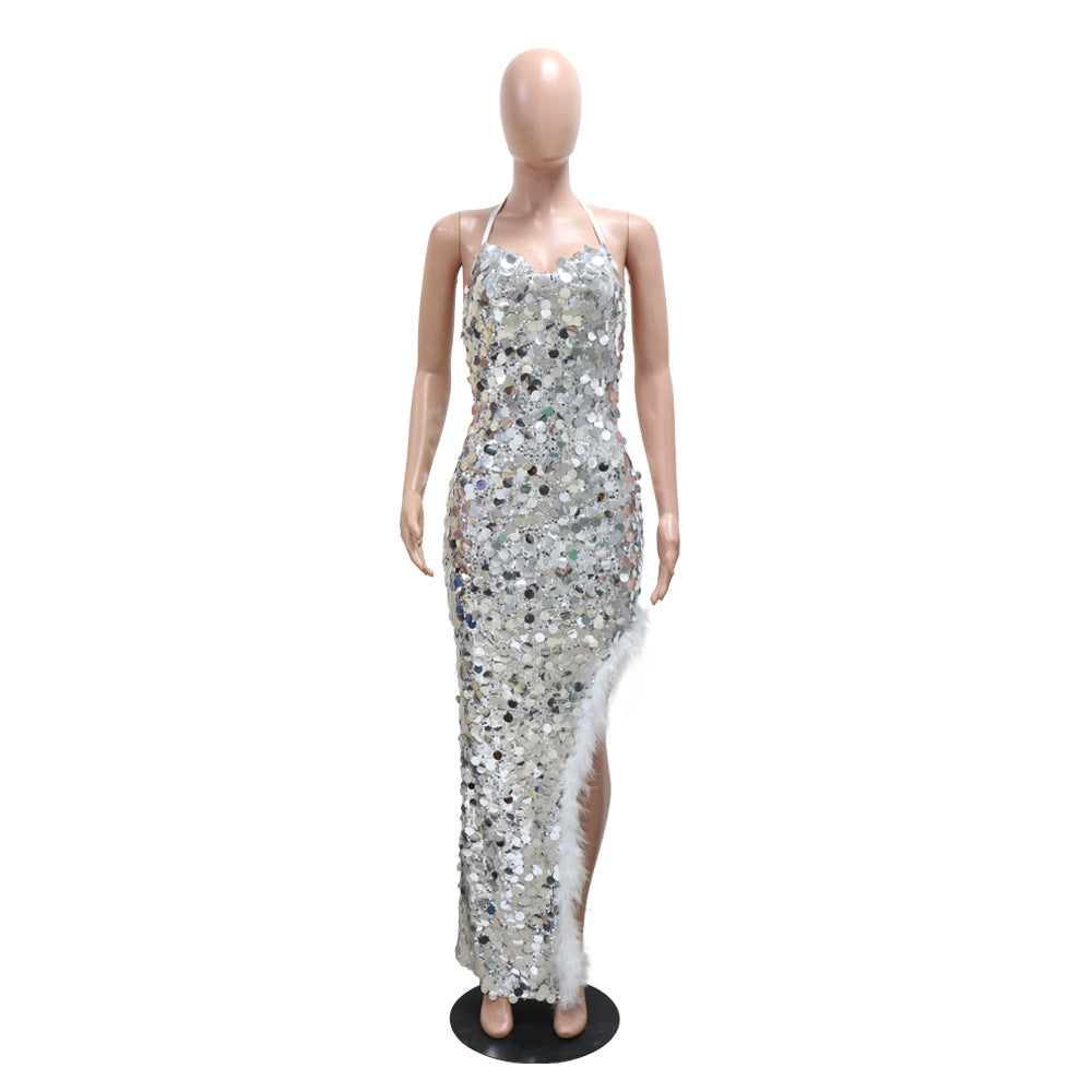 Women sexy suspender sequin irregular dress 18