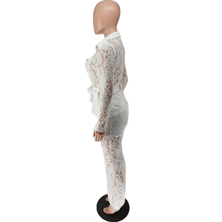 Women Fall Turndown Collar Long Sleeve Top and Pants Two-piece Set 11