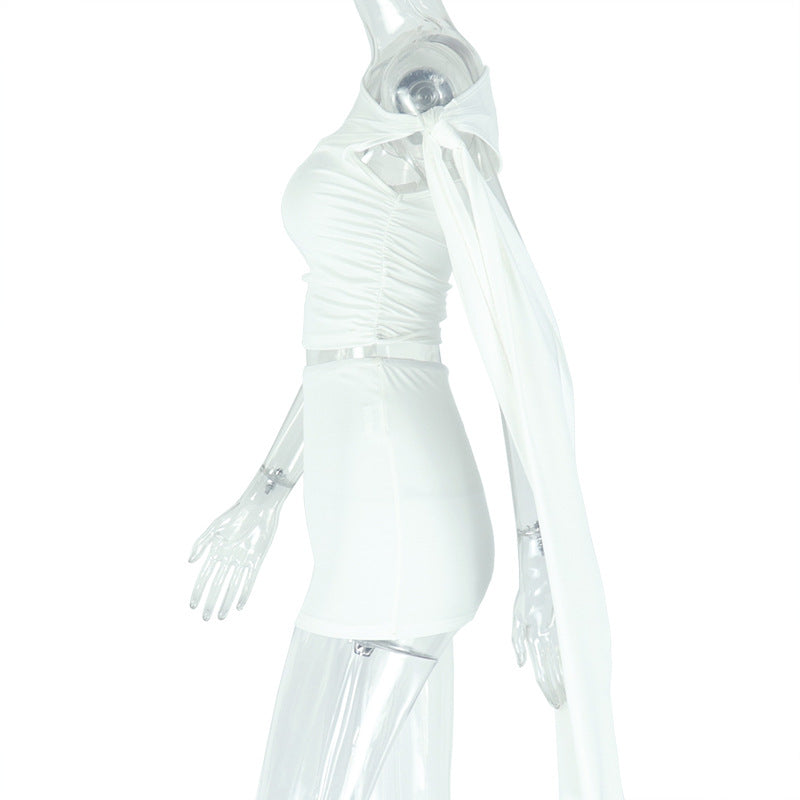 Women Lace-Up Slash Shoulder Asymmetric Top and Skirt Two-Piece Set 9