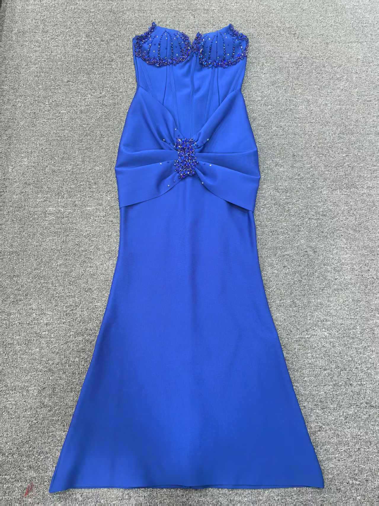 Women Sapphire Blue Beaded Embroidery Strapless Party Evening Dress 7