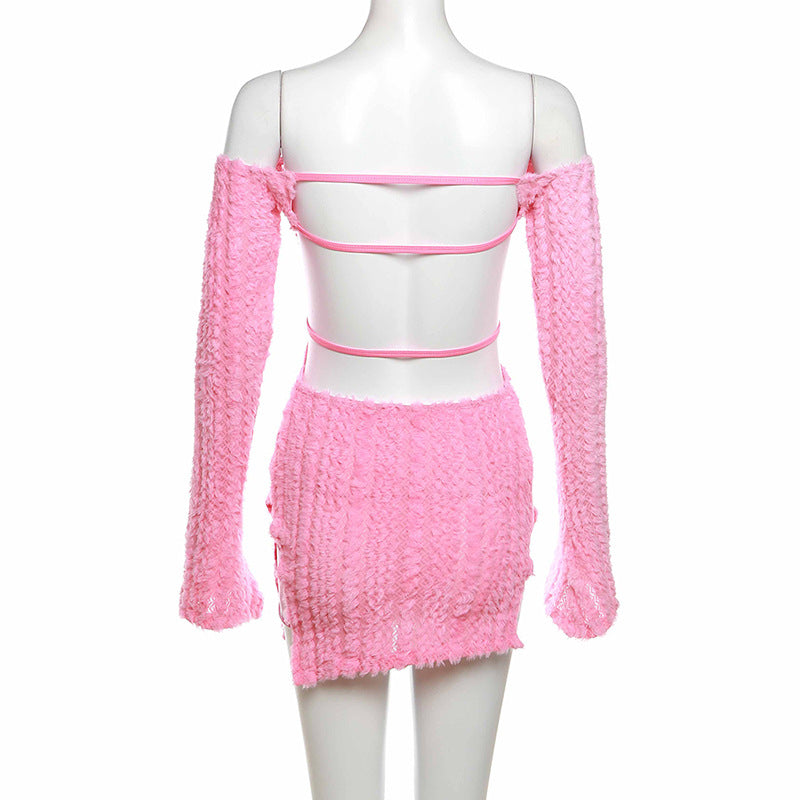 Women Clothing Off Shoulder Sexy Chest Wrap Hollow Backless Slit Dress 13