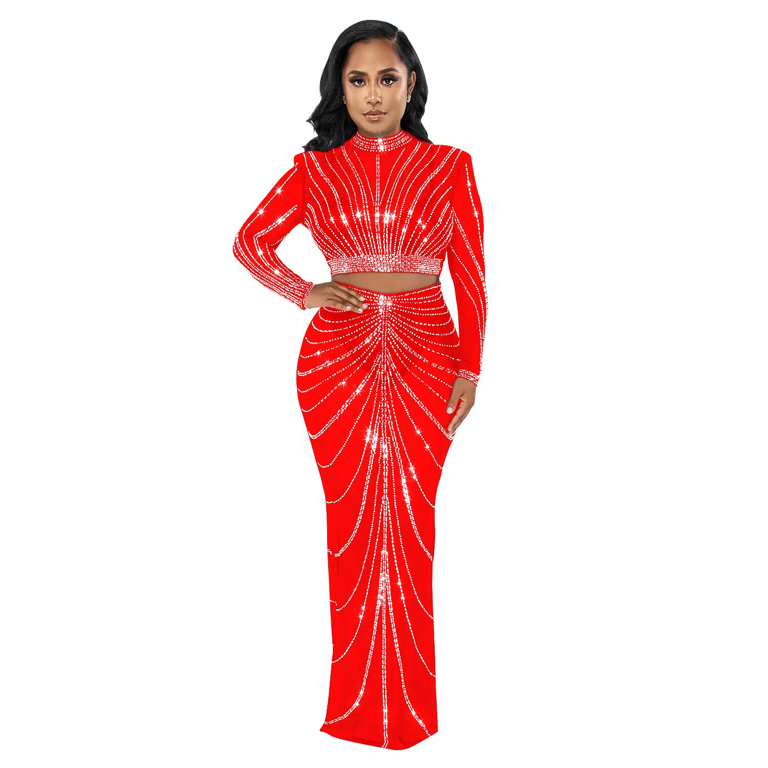 Women's Fashion Mesh Beaded See-Through Long Sleeve Long Dress Two Piece 13