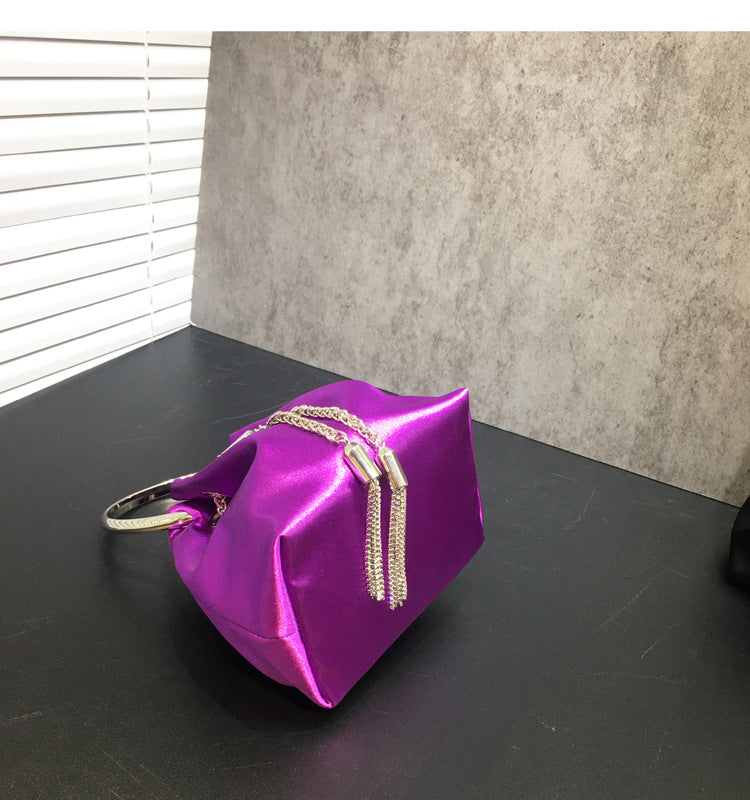 Women's Dinner Bag Flash Diamond Tassel Drawstring Satin Handheld Mini Bucket Bag Chain Messenger Bag 8