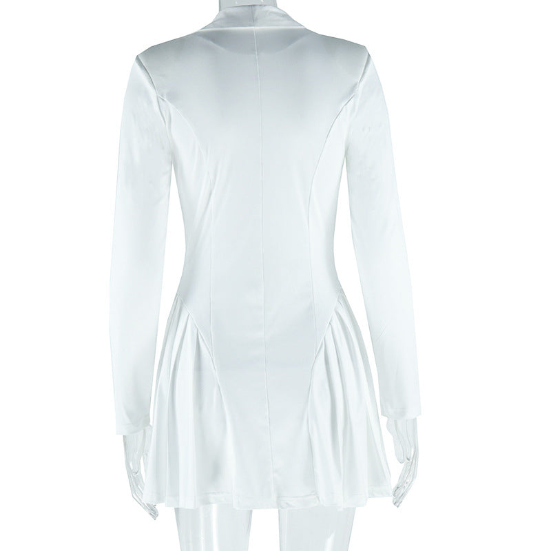 Women Sexy Solid V Neck Long Sleeve Pleated Skirt 8