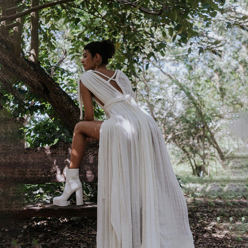 Spring Women's Tie Rope Sexy V-Neck Loose Holidays Beach Dress 8