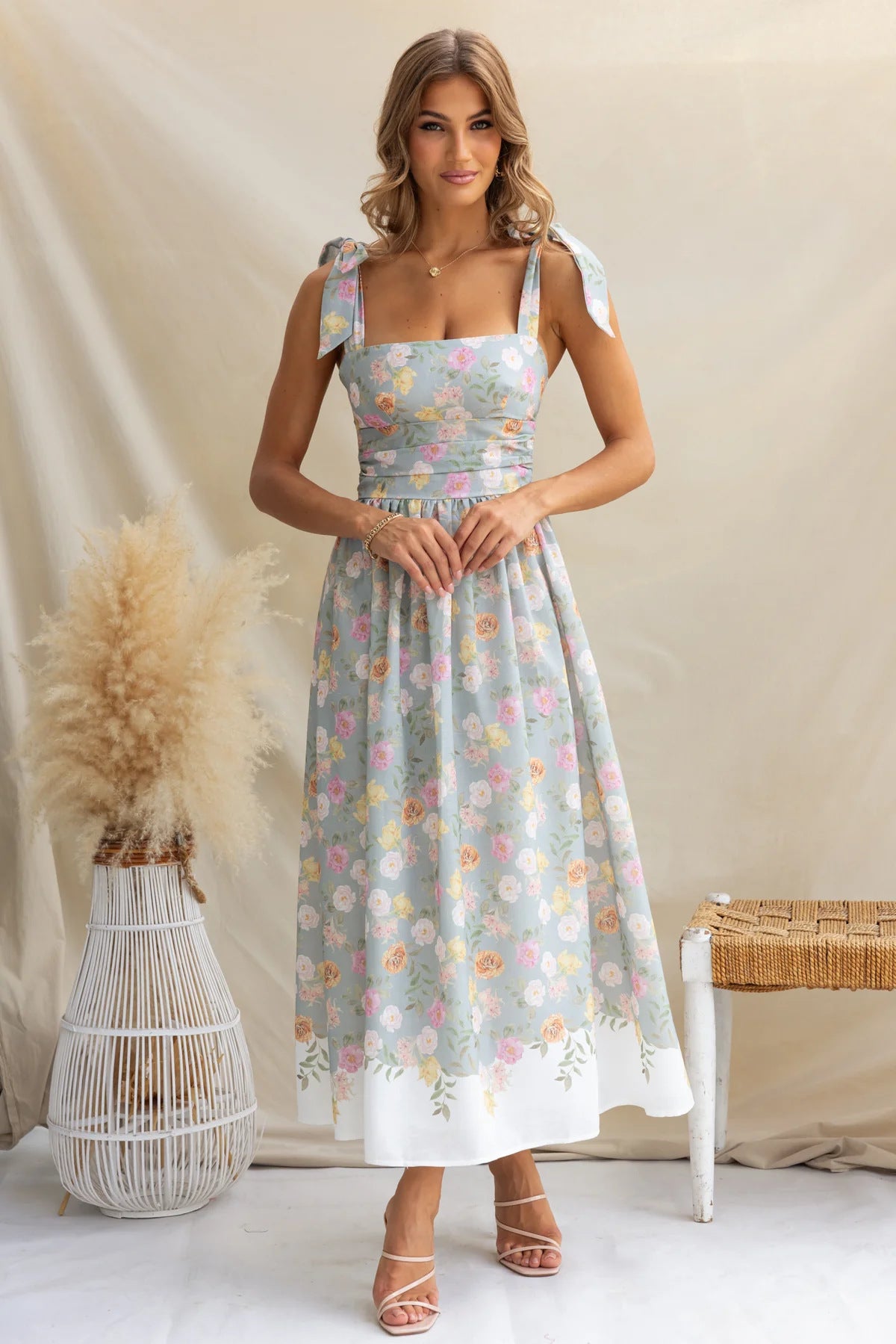 Floral Slim Waist Strap Dress Summer Holiday Long Gown