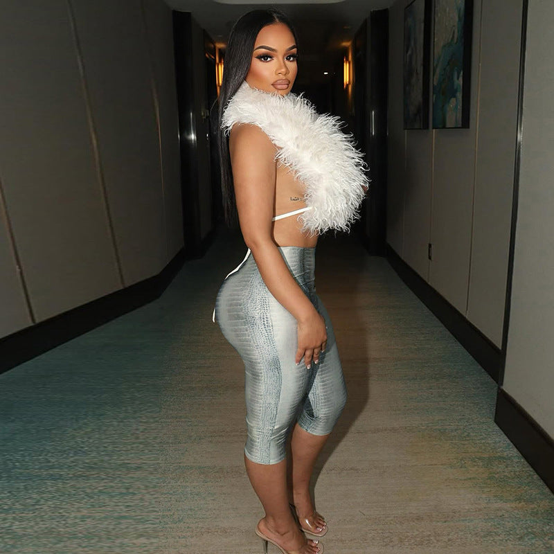 Women Summer/Autumn Halter Neck Fur Collar Backless Lace-Up Top and Capri Pants Two-Piece Set 9