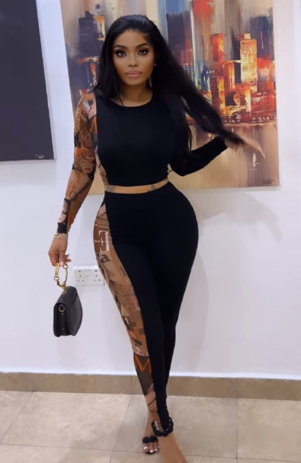 Sexy Printed Patchwork Contrast Slim Fit Long Sleeve Two-Piece pants Set 4