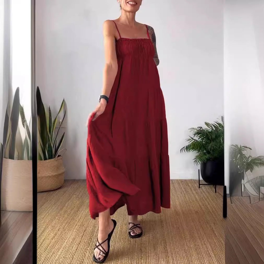 Spring Summer Women's Solid Color Casual Strap Loose Dress 5