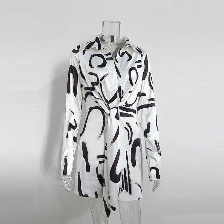 Women Spring Summer Long Sleeve Printed Shirt Dress 7