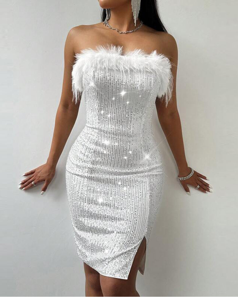 Women Patchwork Sequin Strapless Off-Shoulder Dress 6