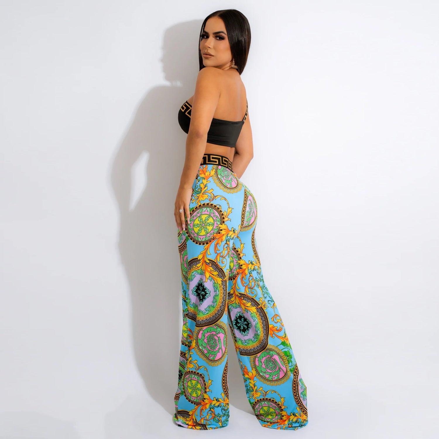 Sexy Slim Print Slash Shoulder Sleeveless Crop Top Pants Two-Piece Nightclub Suit 5