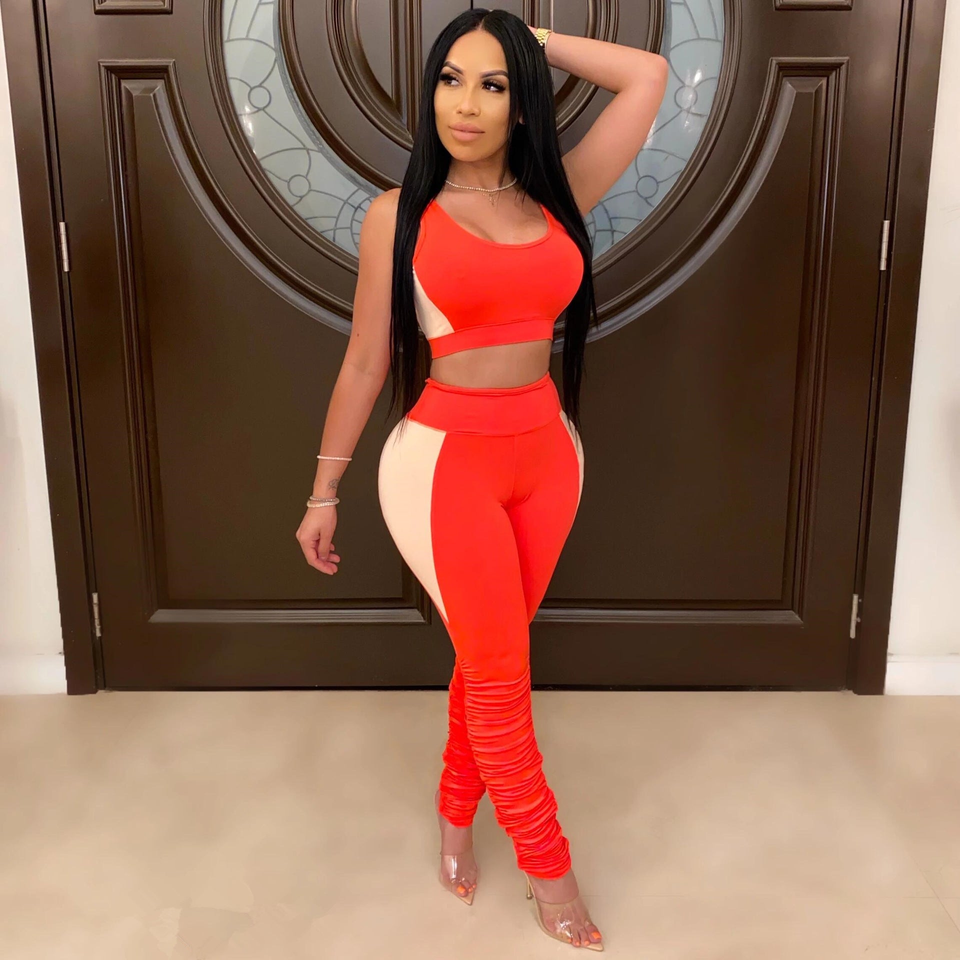 Women Sexy Solid Patchwork Gathered Sports Top and Pant Two-piece Set 13