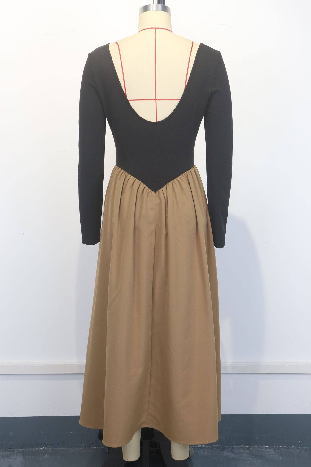 Women Long Dress Elegant Round Neck Backless Patchwork Dress 5