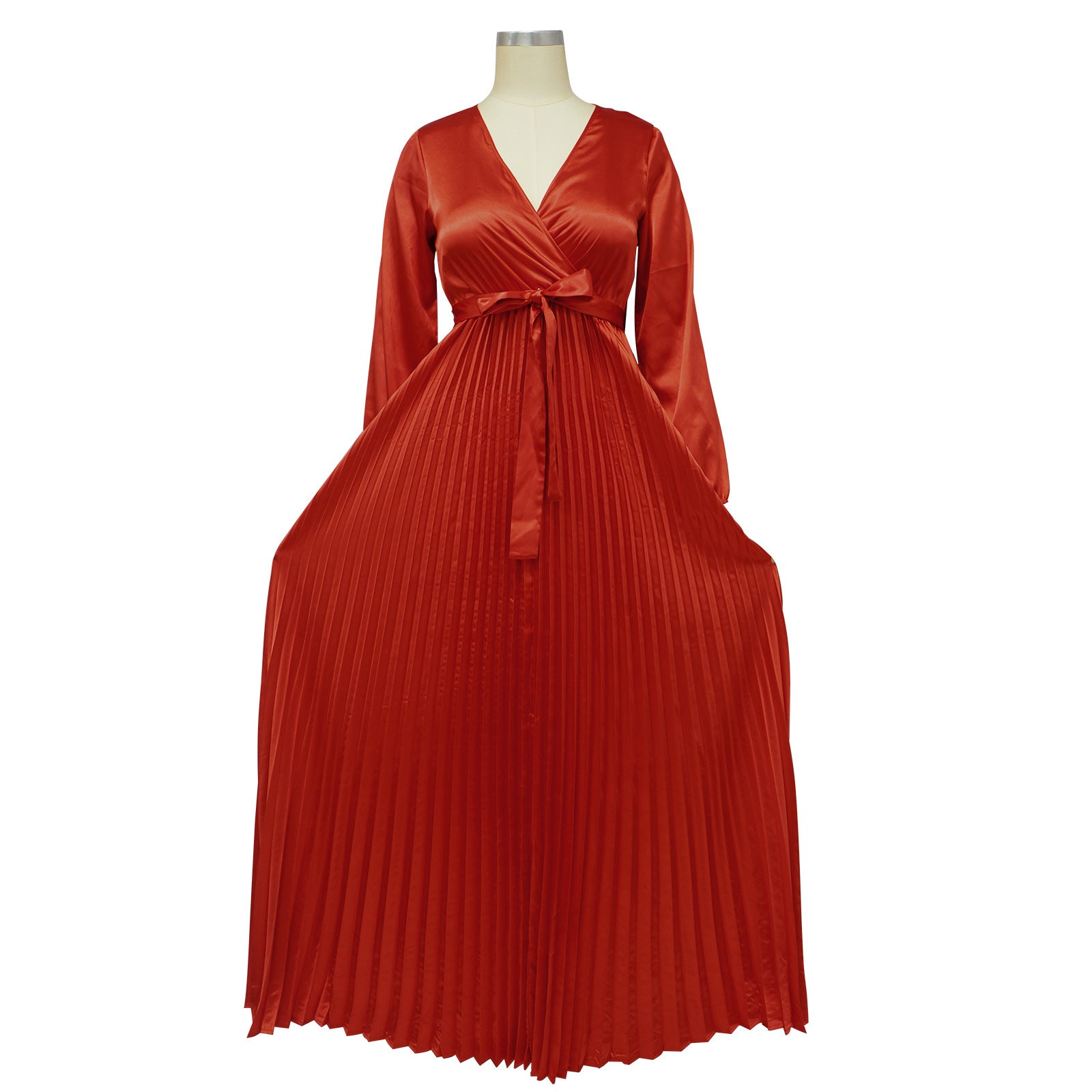 Women Autumn V-Neck Balloon Sleeve Pleated Dress 20