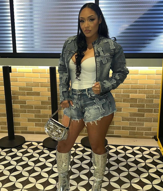 Women Denim Embroidered Cross Stretch Top and Shorts Two-piece Set