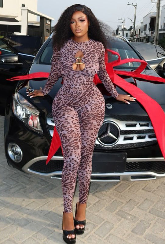 Women's Spring Round Neck Long Sleeve Leopard Print Sexy Hollow Tight-Fitting Jumpsuit 3