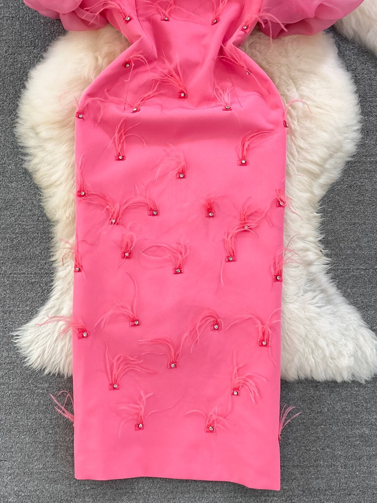 Luxury Chic Puff Sleeve Round Neck Slim Waist Slim Fit Tassel Bodycon Dress 6