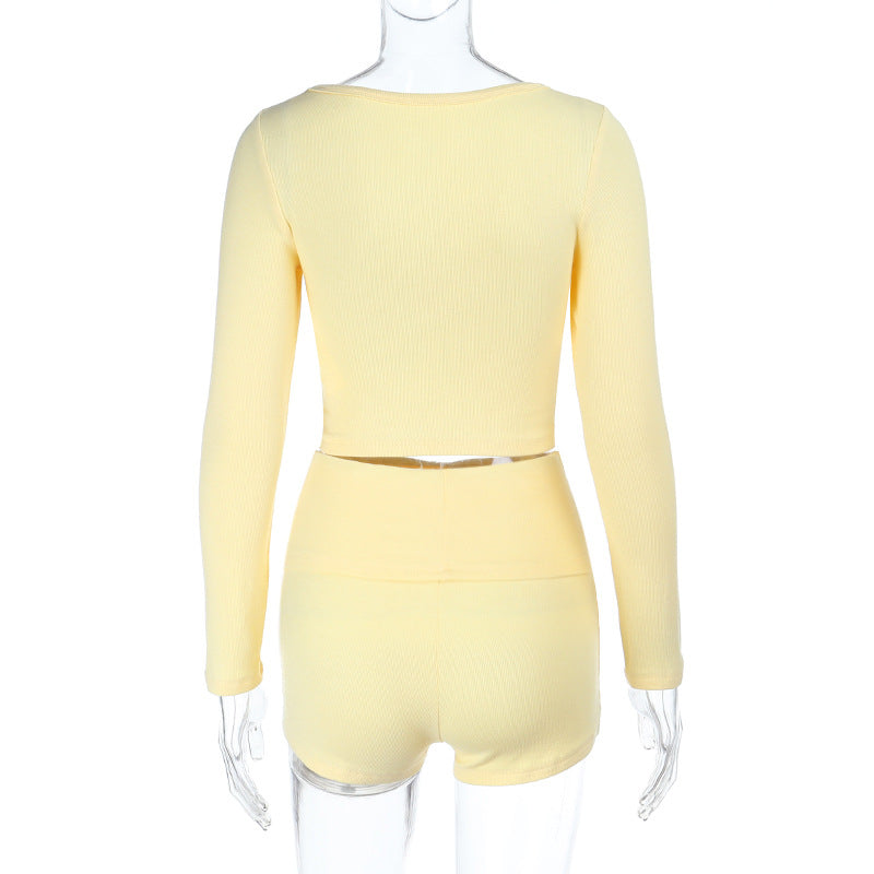 Long Sleeve Top & Shorts Set Summer Streetwear Solid Color Outfit 8