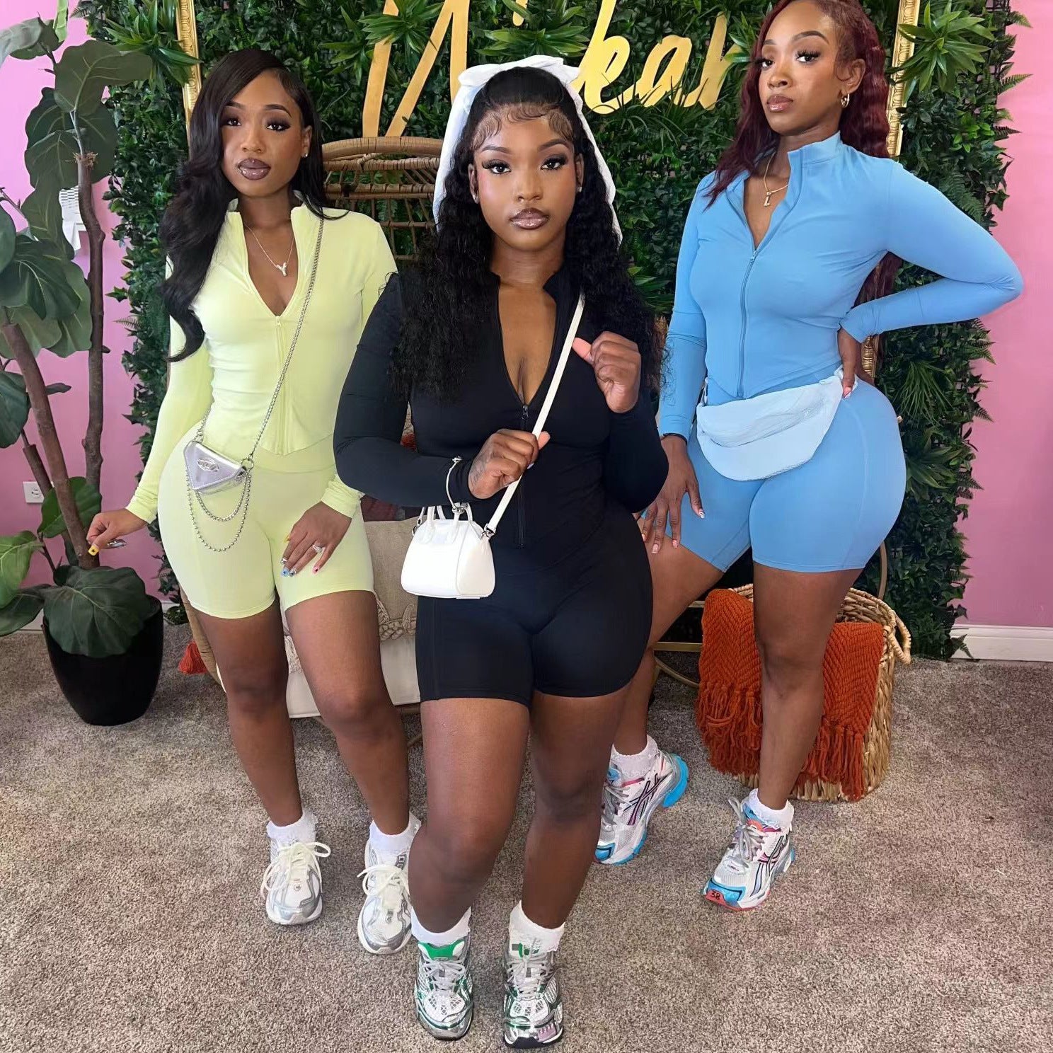 Women's Autumn Sports Casual Tight Fitting Slim Waist Solid Color Long-Sleeved Top Shorts Two-Piece Suit For Women 8