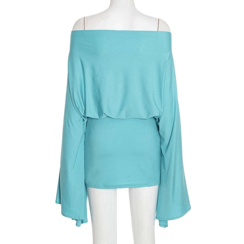 Women Off-Shoulder Bell Bottom Long-Sleeved Top and Skirt Two-Piece Set 22