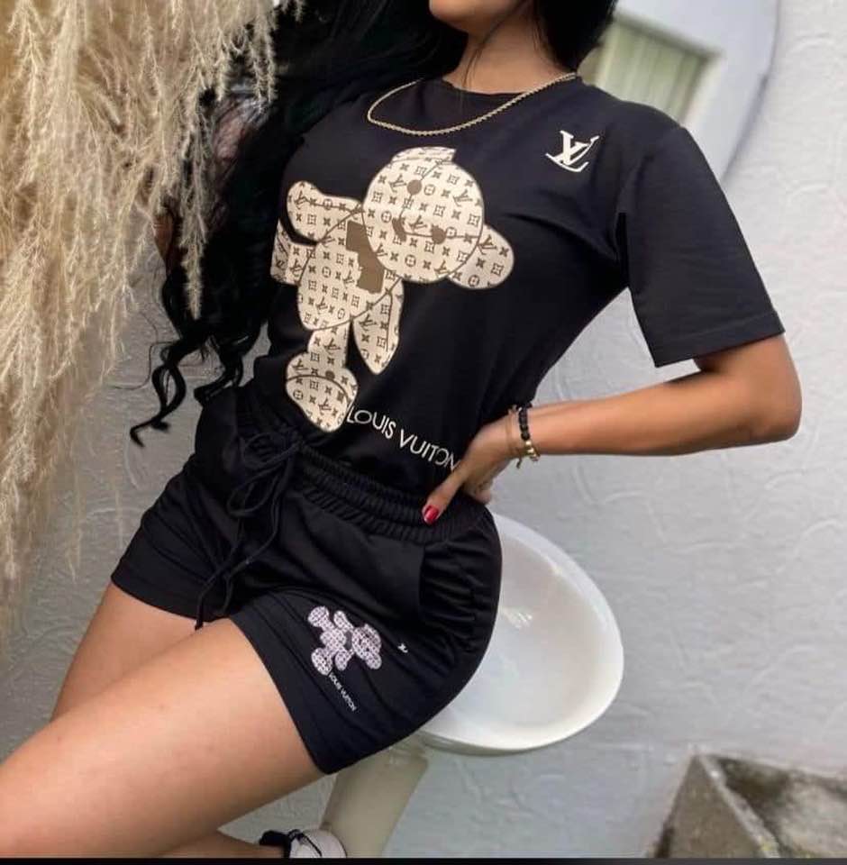 Bear Printed Short Sleeve Two Piece Shorts Set