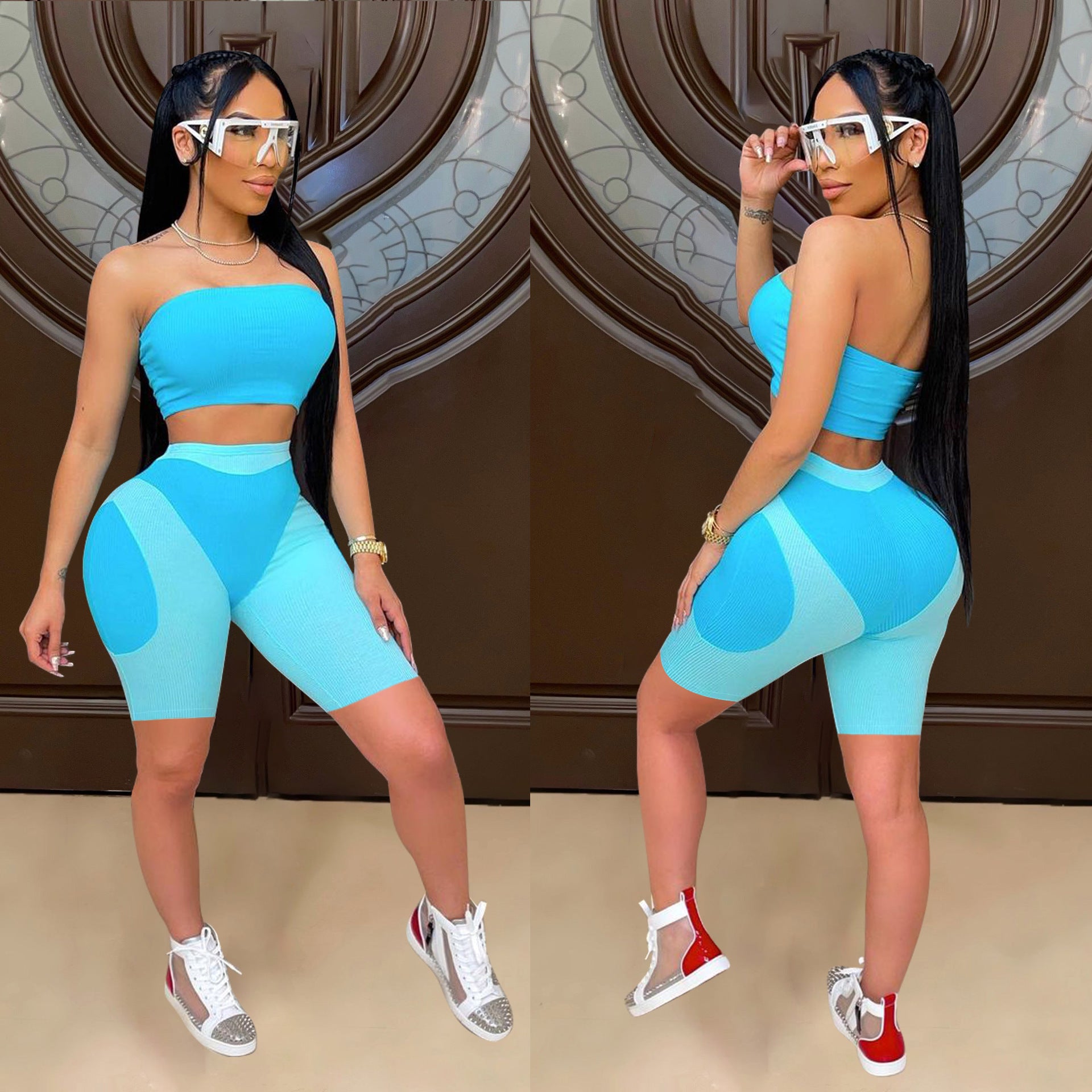 Women's summer fashionable color matching tight fitting strapless two-piece shorts set 3