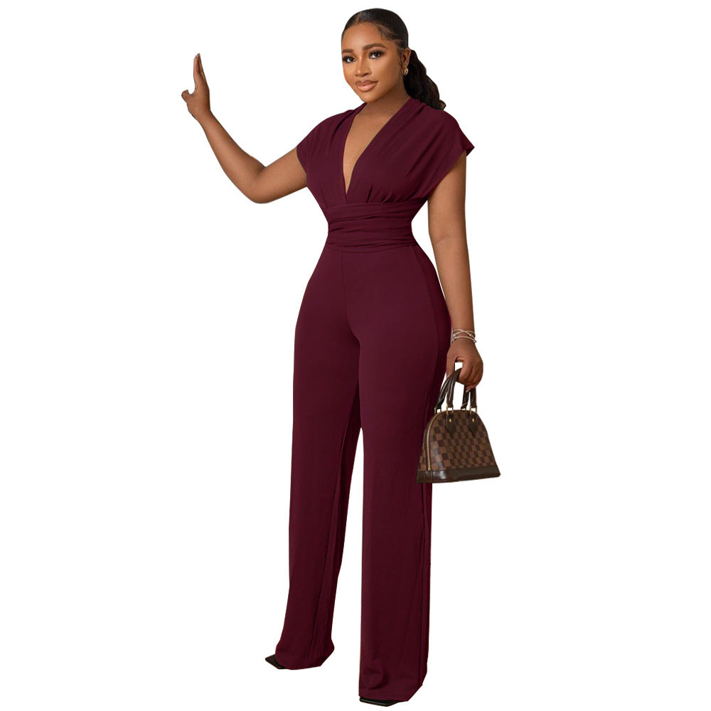 Women Solid V-neck Slim Short Sleeve Jumpsuit 13